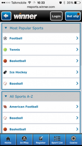 The Winner mobile sports app's main menu screen