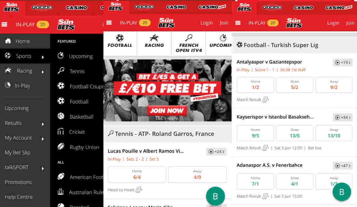 Sun Bet app - screen shots